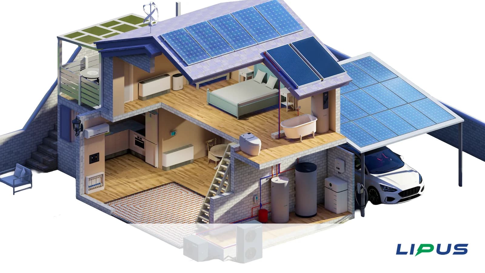 Zero Carbon House kesiti: ısı pompası, boyler, güneş panelleri, kolektör ve batarya bir arada.